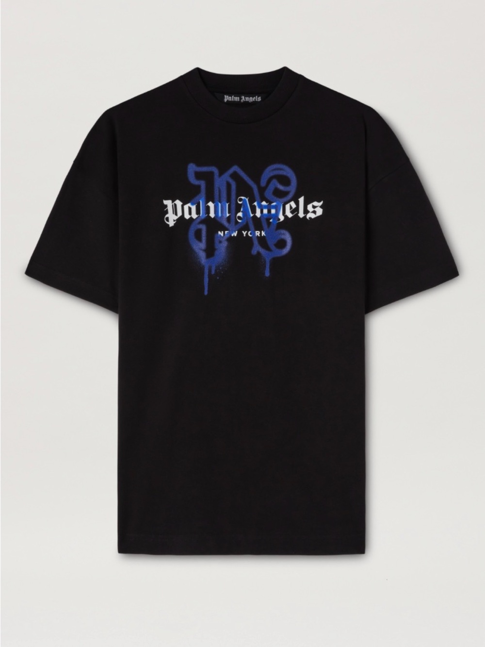 Palm Angels Black Tee with Blue Spray NY Logo